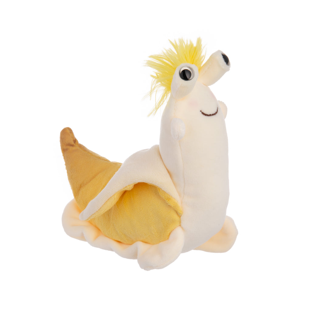 Who is a more fun-loving companion than Vinnie the banana slug? With his bright eyes and soft tuft of hair on his head, Vinnie makes the perfect plush. The bright yellow banana peel detail with brown speckles adds to the whimsy and lore of this cute slug. Dimensions: 8" x 4" x 6" Recommended age: 24 months+