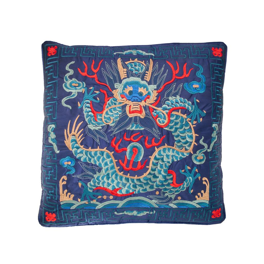 2024 is the Year of the Dragon, and how better to celebrate than with this sumptuously embroidered deep navy silk-satin throw pillow. This elegant and luxurious design will add a touch of Chinoiserie elegance to any corner of your home. Material: Silk-satin with embroidery. Dimensions: 20" x 20" Limited edition