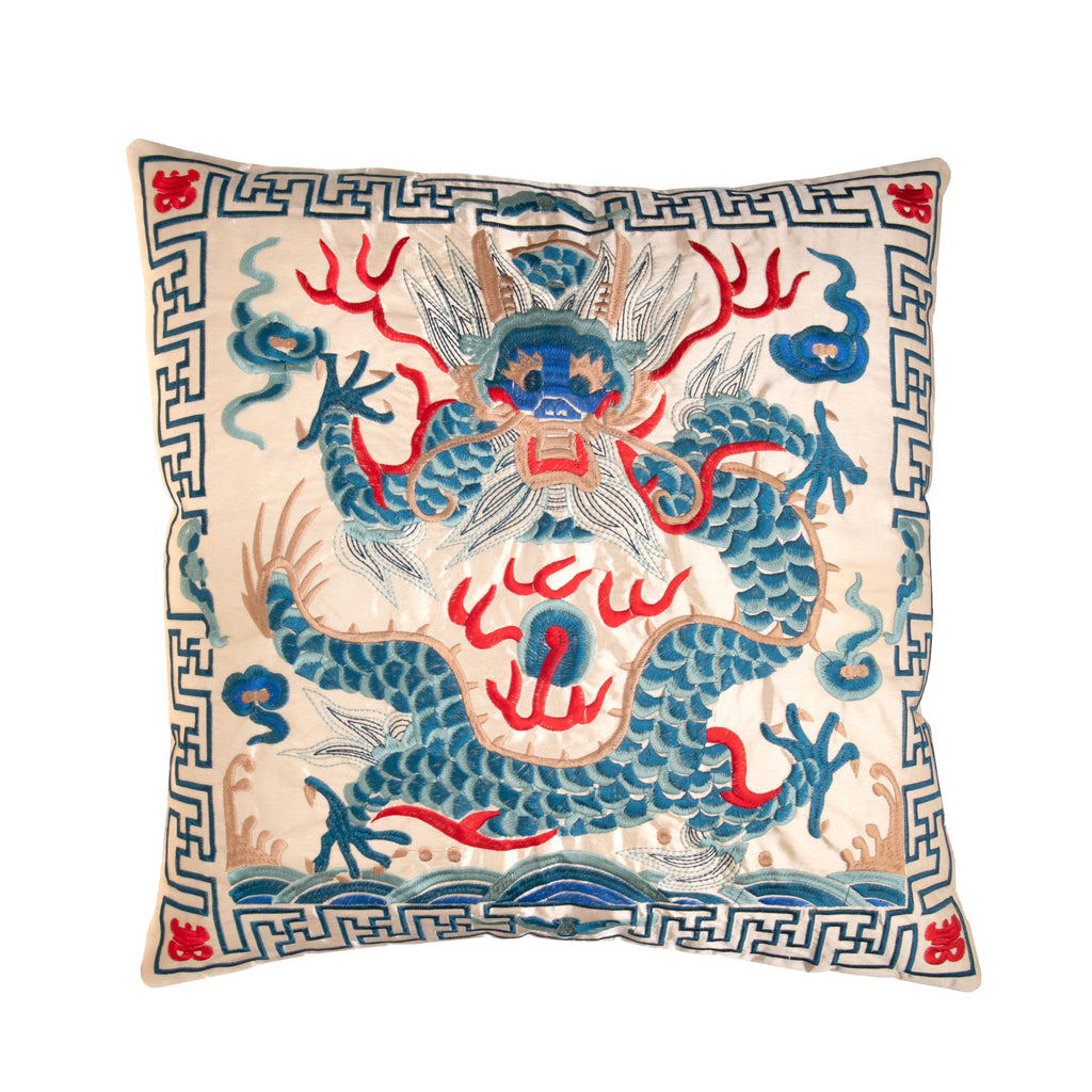 2024 is the Year of the Dragon, and how better to celebrate than with this sumptuously embroidered champagne silk-satin throw pillow. This elegant and luxurious design will add a touch of Chinoiserie elegance to any corner of your home. Material: Silk-satin with embroidery. Dimensions: 18" x 18". Limited edition.