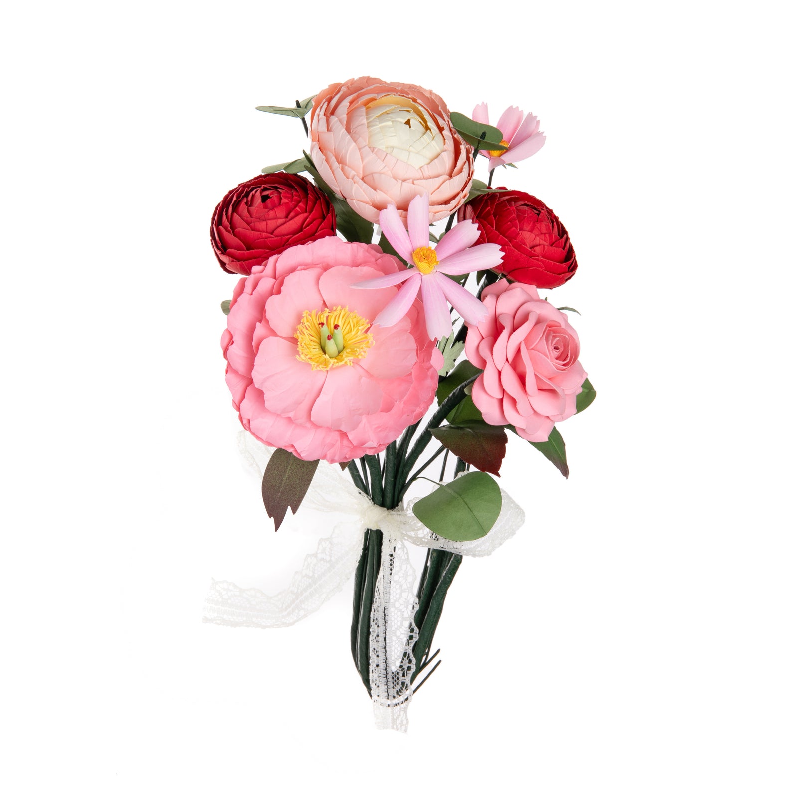 This beautiful spring bouquet is expertly handcrafted from paper. Its exceptionally detailed, lifelike flowers will continue to brighten up any room for many months, making it a wonderful, lasting gift. Handmade paper flower bouquet, with hand-tied lace trim Materials: paper, wire, lace Dimensions approx:9" x 5".