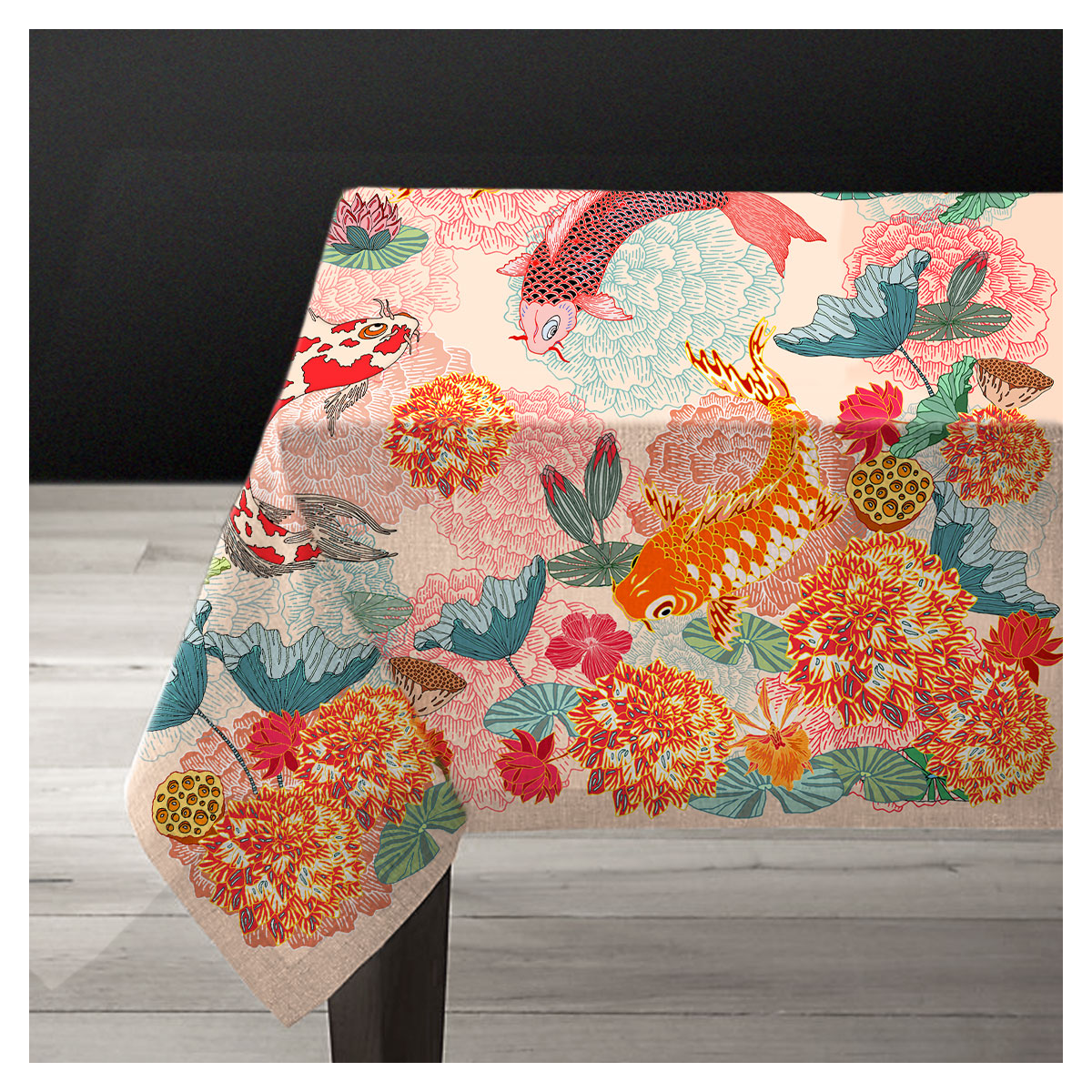 Evoke the zen nature of a lotus pond with this linen tablecloth. The bright tablecloth features red lotus flowers, irises, water lilies, lily pads and koi fish.