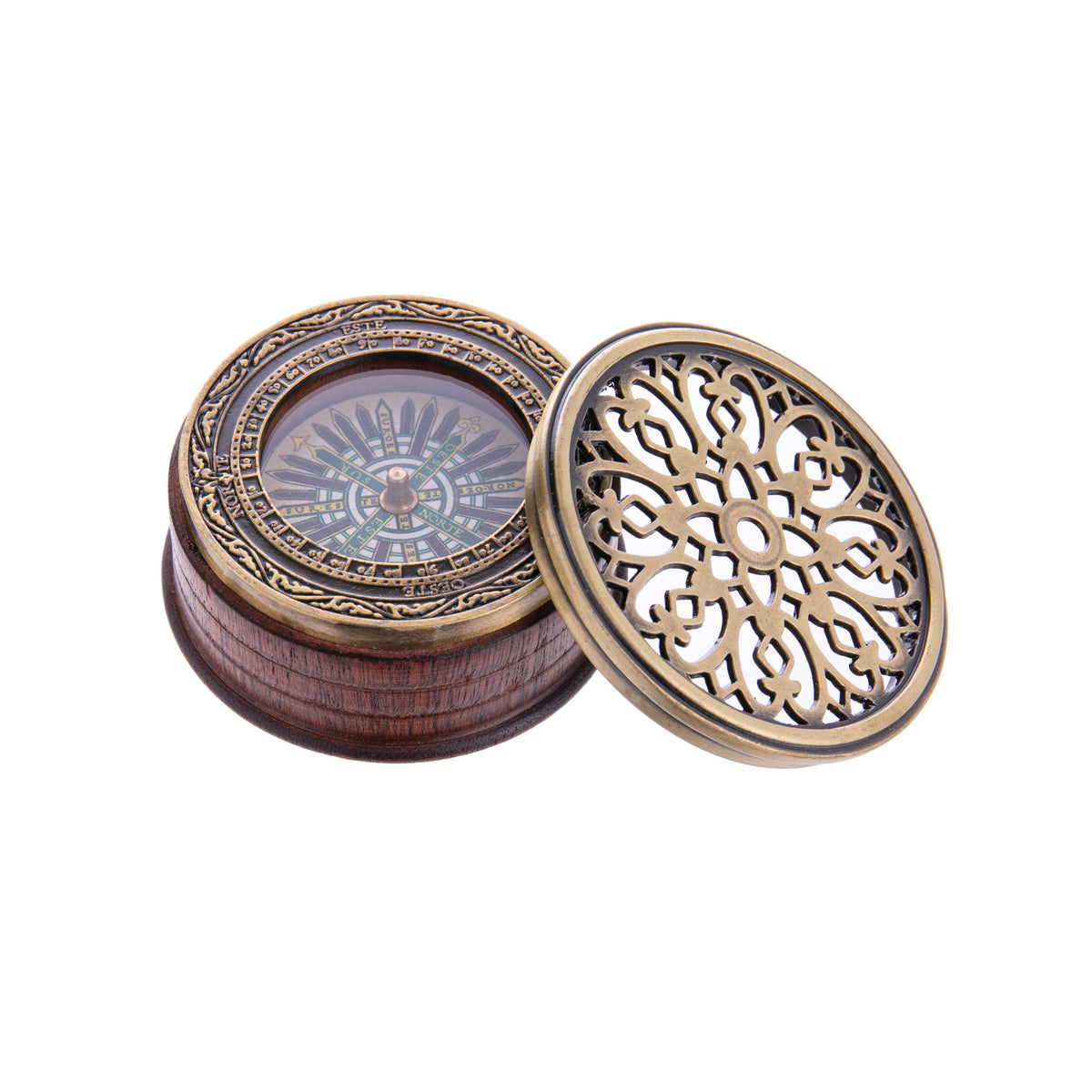 This antique-style nautical compass with lace detail on top is a replica to ones used in the 16th century. During the Age of Discovery it was of importance for navigation and cartography. This compass supports a compass rose whose 32 divisions correspond to each course. Dimensions: Approx. 2.5&quot; diameter Made in Spain