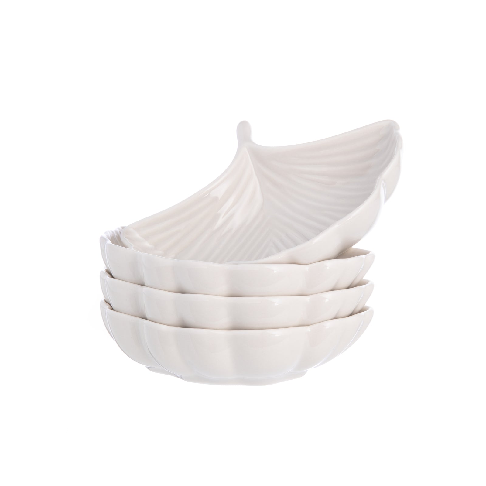 These Ginkgo dipping dishes make a perfect dish for serving dips, snacks, candy, or just as a catch-all!  In 100% stoneware and an oyster color, they are elegant and practical. The fan-shaped leaves of the Ginkgo make for a very eye-pleasing dish to use daily!  Dimensions: 4.5" x 3.5" x 1" Material: 100% Stoneware