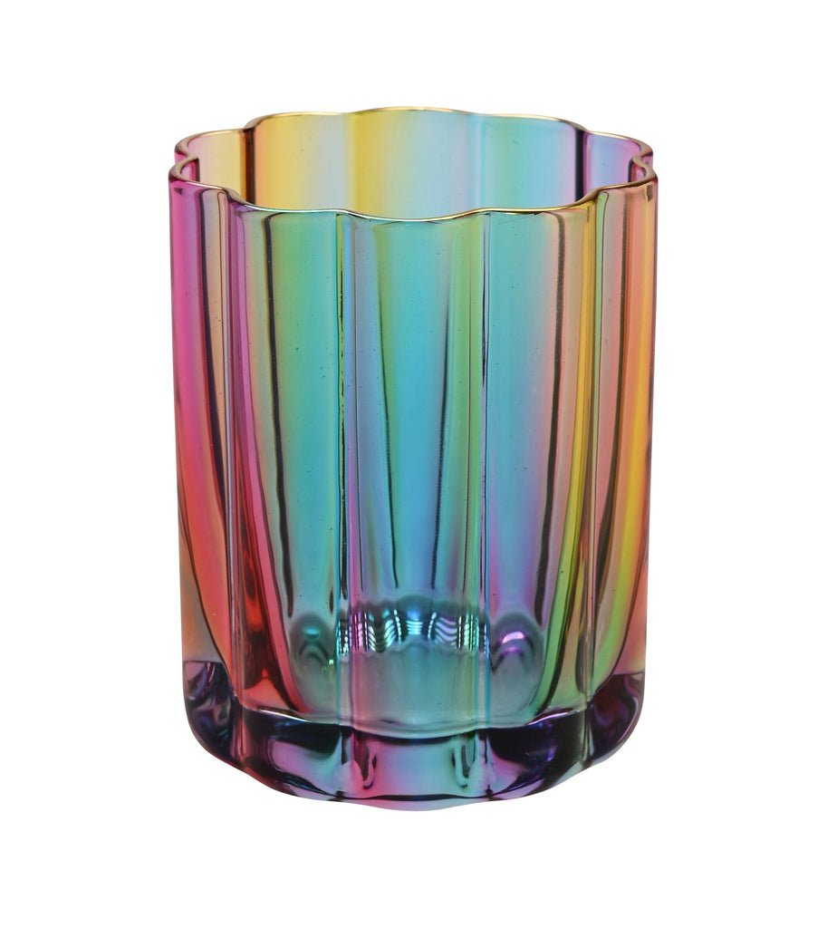 Add a rainbow of colors to your candle display with this iridescent votive candle holder. This stunning and colorful candle holder is its own art piece. The iridescent wave detail combined with the rainbow colors would make this the perfect table centerpiece. Material: glass 