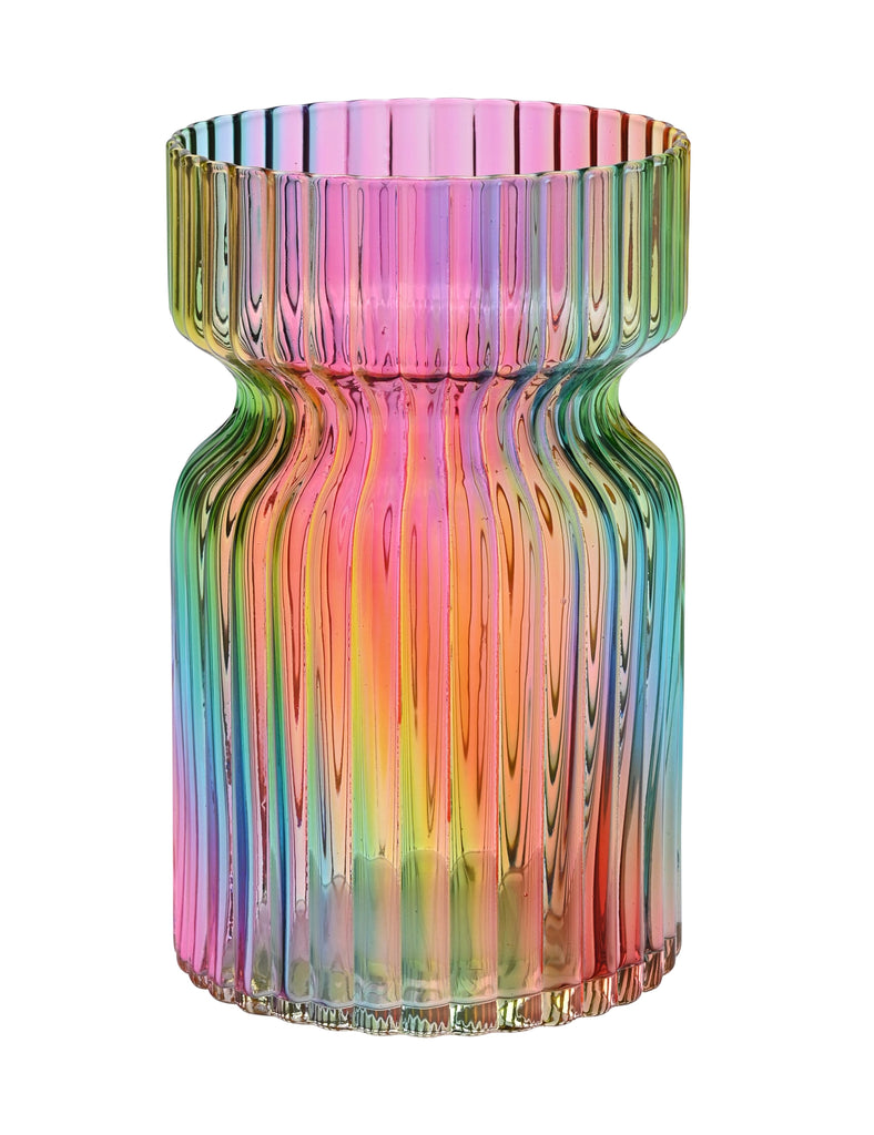 This stunning and colorful vase is a true work of art. With its iridescent wave detail and vibrant rainbow colors, this vase would make a striking addition to any shelf, desktop, or dining table. It would also make a great housewarming, hostess, or holiday gift. Dimensions: approximately 4" x 7.5" x 4" Glass vase