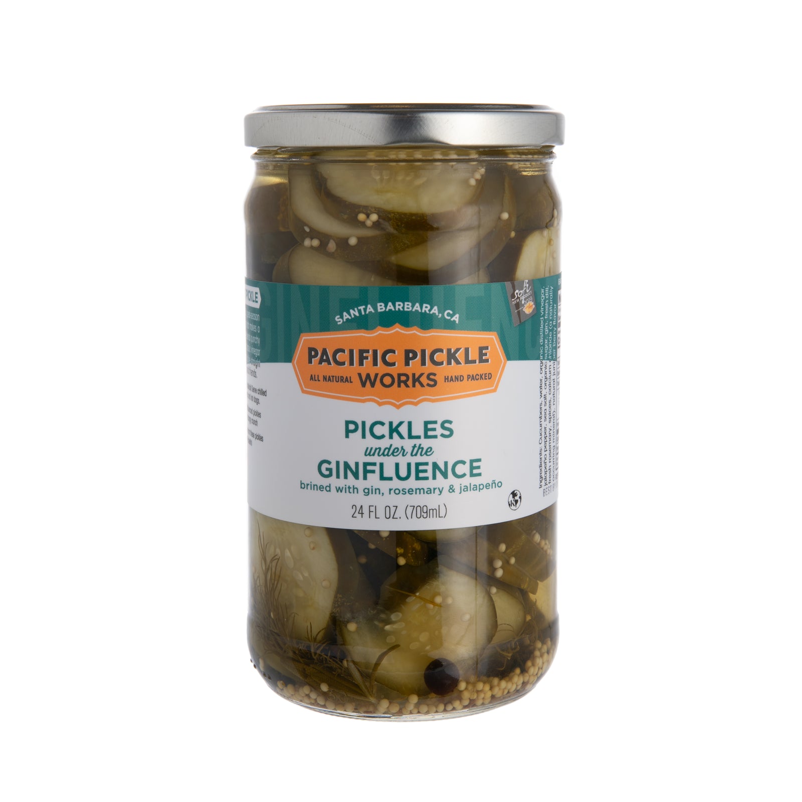 Lightly gin soaked and seasoned with fresh rosemary and jalapeños. Ingredients: Cucumber, water, organic distilled vinegar, jalapeño pepper, sea salt, organic raw sugar, gin, fresh dill, fresh rosemary, juniper berries, spices, calcium chloride (a naturally occurring mineral), natural juniper berry flavor 24 fl oz.