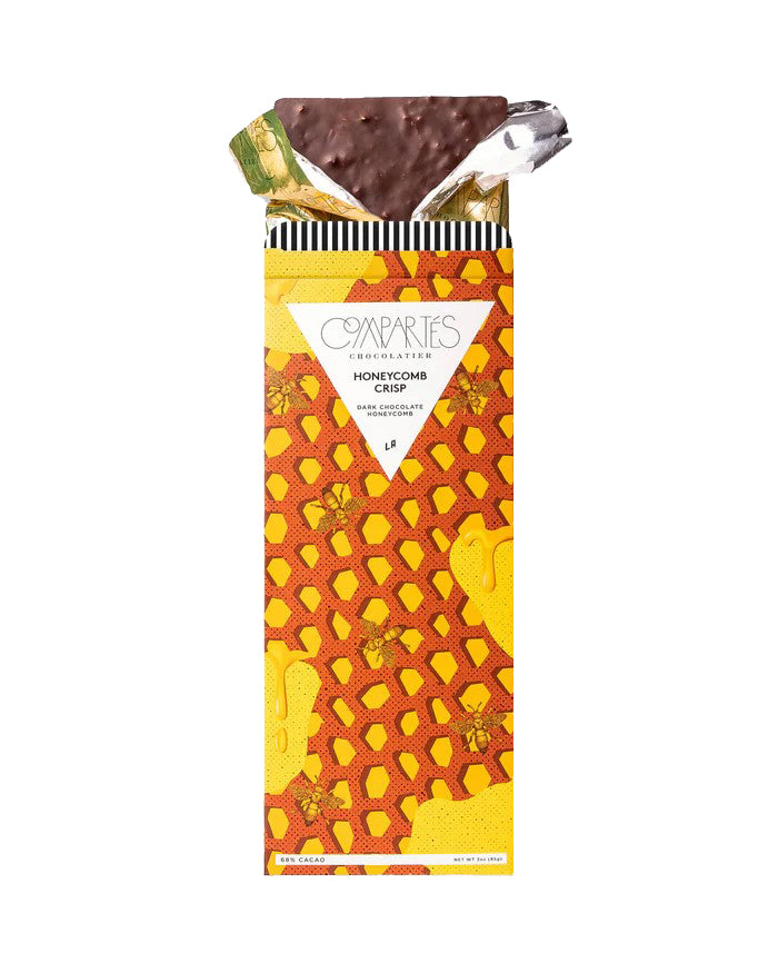 A gourmet honeycomb treat laced with tons of pieces of homemade honeycomb candy throughout and Hawaiian honey in a sweet dark chocolate bar. Dark Chocolate (Cocoa Mass, Sugar, Cocoa Butter, Soy Lecithin as an Emulsifier, Vanilla), Honeycomb (Sugar, Corn Syrup, Molasses, Salt) 