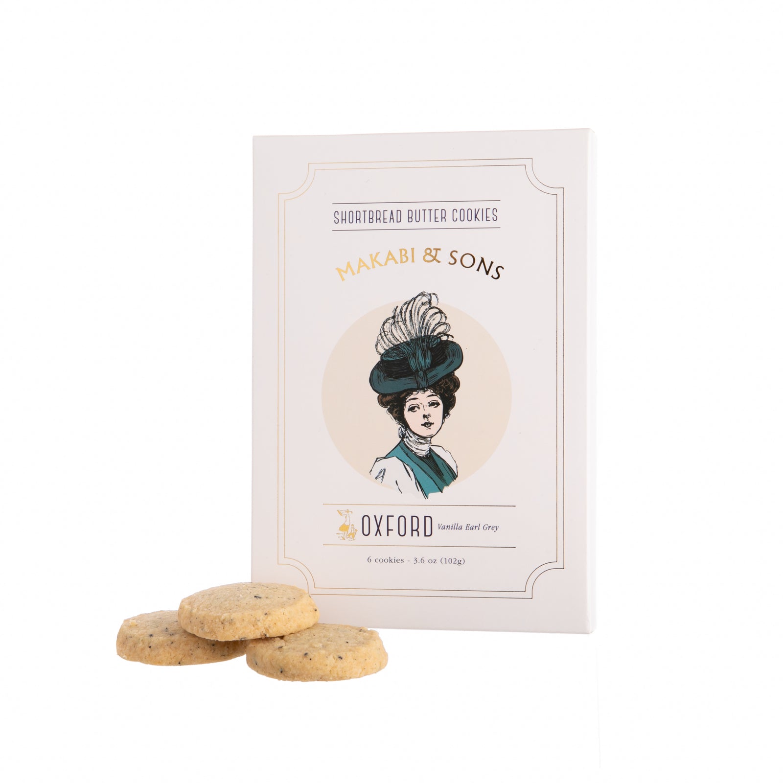 Package of Vanilla Earl Grey Cookies with three cookies displayed in front of the package.