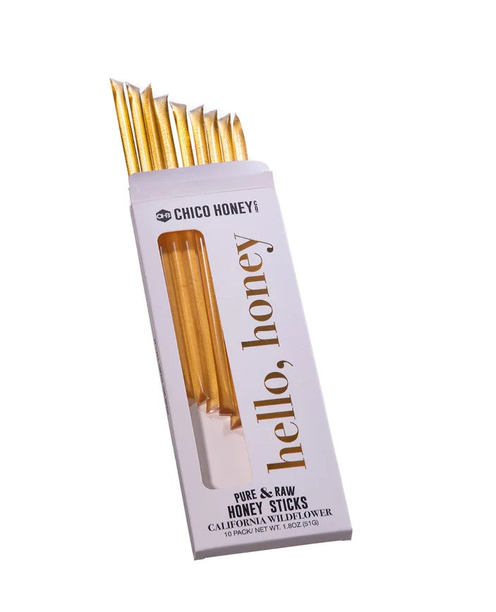 These California Wildflower 10 pack Honey Sticks are perfect for those on the go! Mellow and golden, this honey has a flavor that's complex but smooth. Fruit and floral overtones mingle with notes of fresh grass and sun-dried hay, layered over a sweetness that's rich but not overpowering. Pack of 10 honey sticks. 1.8oz