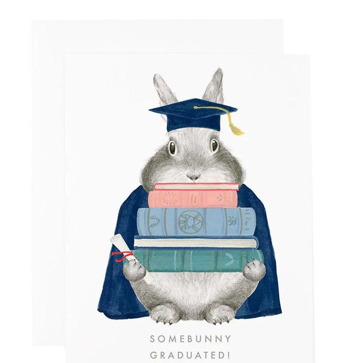 Celebrate the graduates in your life with this sweet bunny congratulating them on their success. Dimensions: 4 ¼” x 5 ½” Originated from a hand-painted illustration Blank interior, matching white envelope. Made in the USA. Recycled paper.