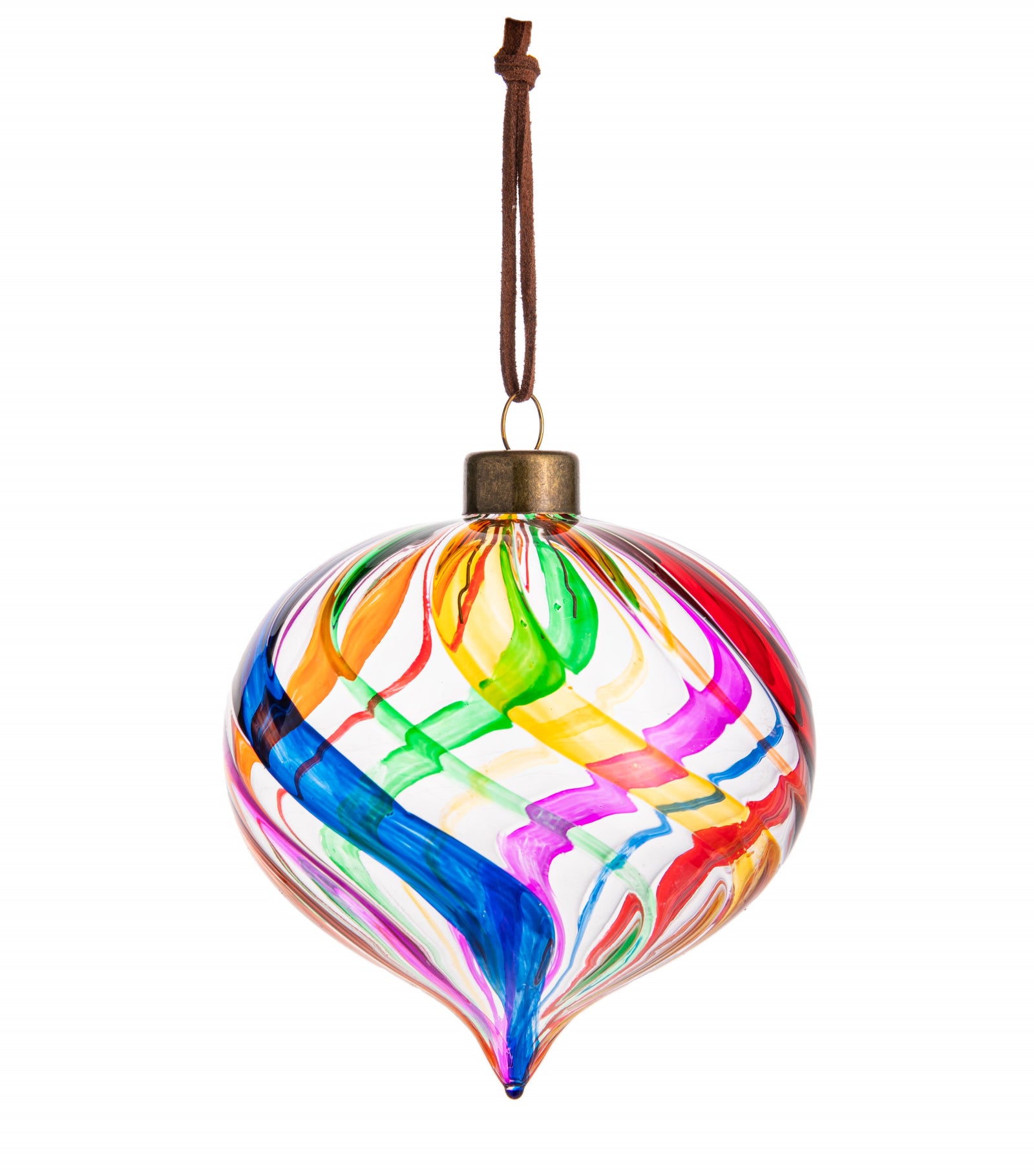 This gorgeous hand-blown glass ornament is reminiscent of vintage ornaments from the 50's & 60's. Each color is hand painted onto the glass, giving a wonderful kaleidoscope of rainbow colors as it twirls. The ornament is finished off with an antique brass style top and a faux-leather loop for easy hanging. 8.5" x 3.5".