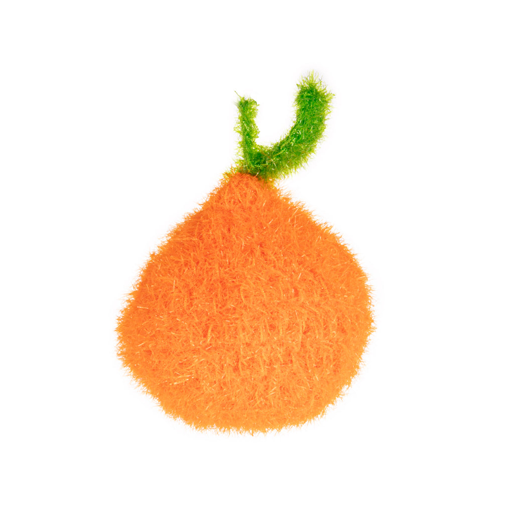 This sponge is hand-knitted in Korea from durable polyester yarn. It can be used for a long time without getting damaged or crumbling and they do not scratch sensitive surfaces such as pans or hobs. Whimsically shaped like an orange. Hand knitted Material: Polyester yarn Dimensions: 7" x 5"