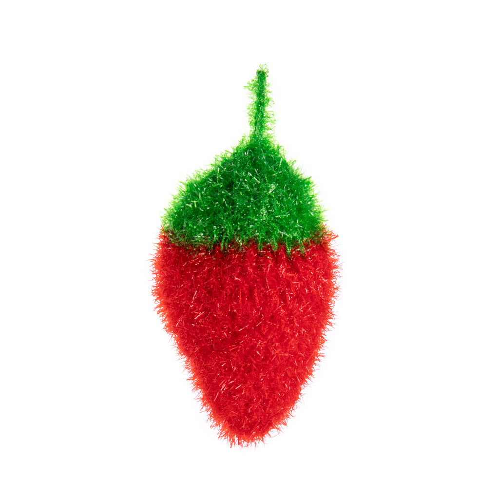 This delightful sponge is hand-knitted in Korea from durable polyester yarn. It can be used for a long time without getting damaged or crumbling and they do not scratch sensitive surfaces such as pans or hobs. Whimsically shaped like a strawberry. Hand knitted Material: Polyester yarn Dimensions: 7" x 5"