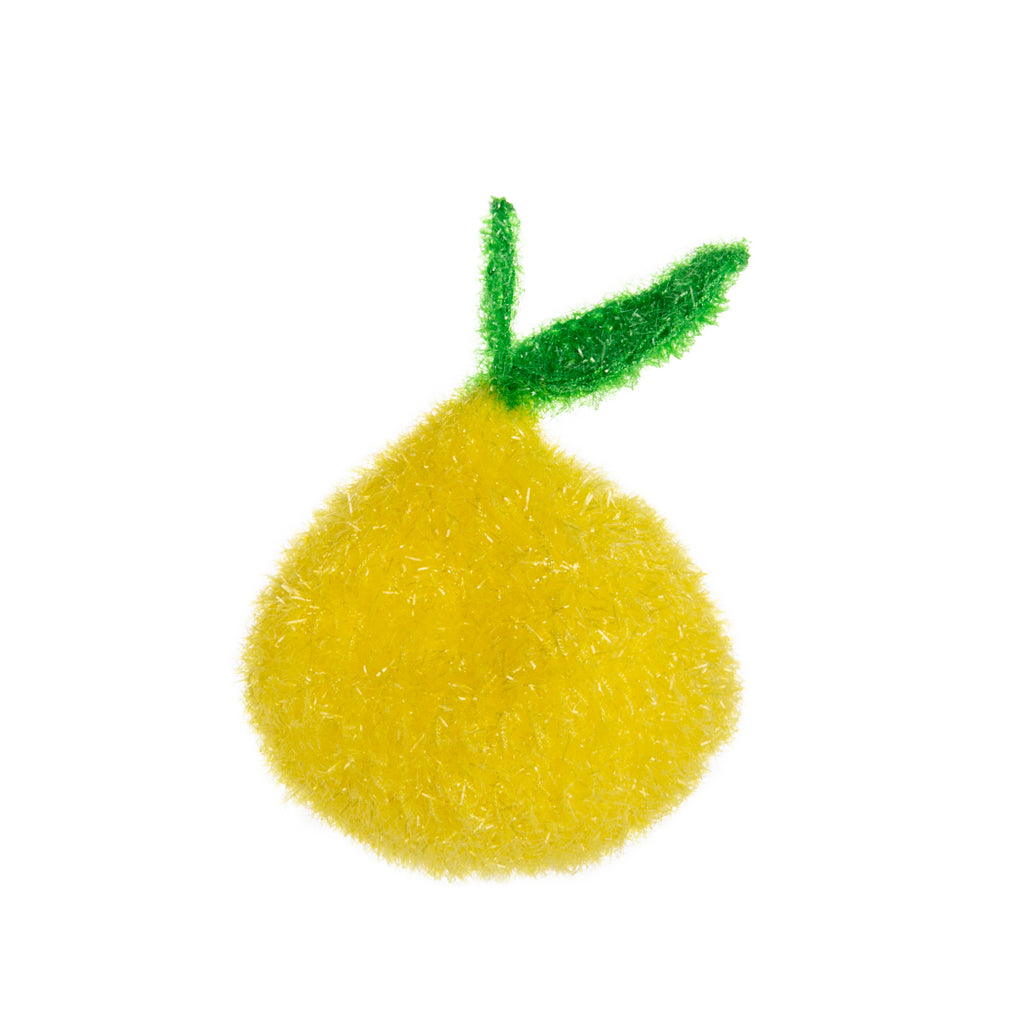 This delightful sponge is hand-knitted in Korea from durable polyester yarn. It can be used for a long time without getting damaged or crumbling and they do not scratch sensitive surfaces such as pans or hobs. Whimsically shaped like a lemon. Hand knitted Material: Polyester yarn Dimensions: 7" x 5"