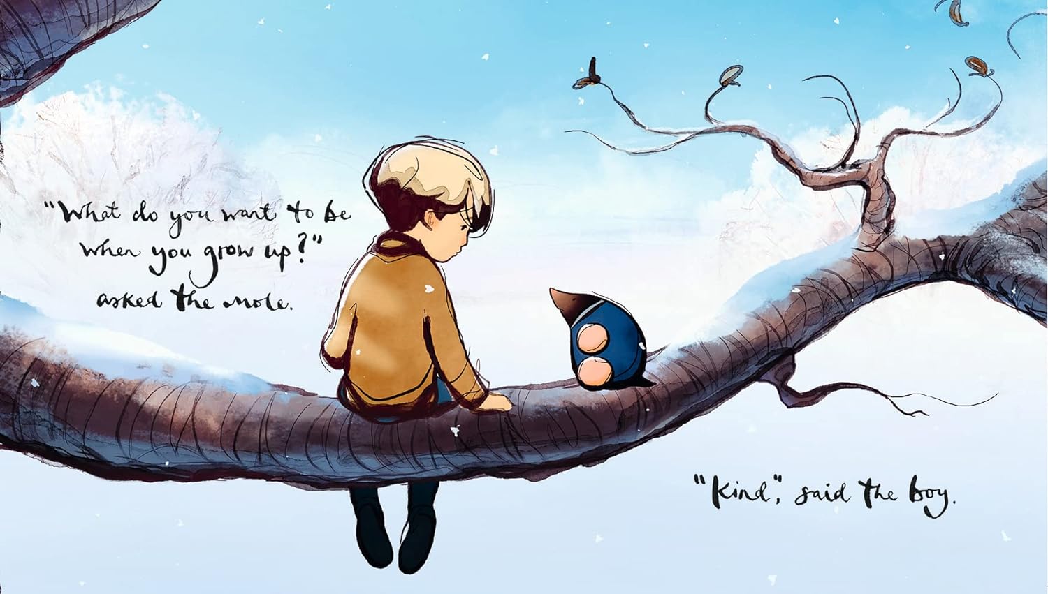 Illustration of a boy and a mole sitting on a horse looking at the sky with stars.