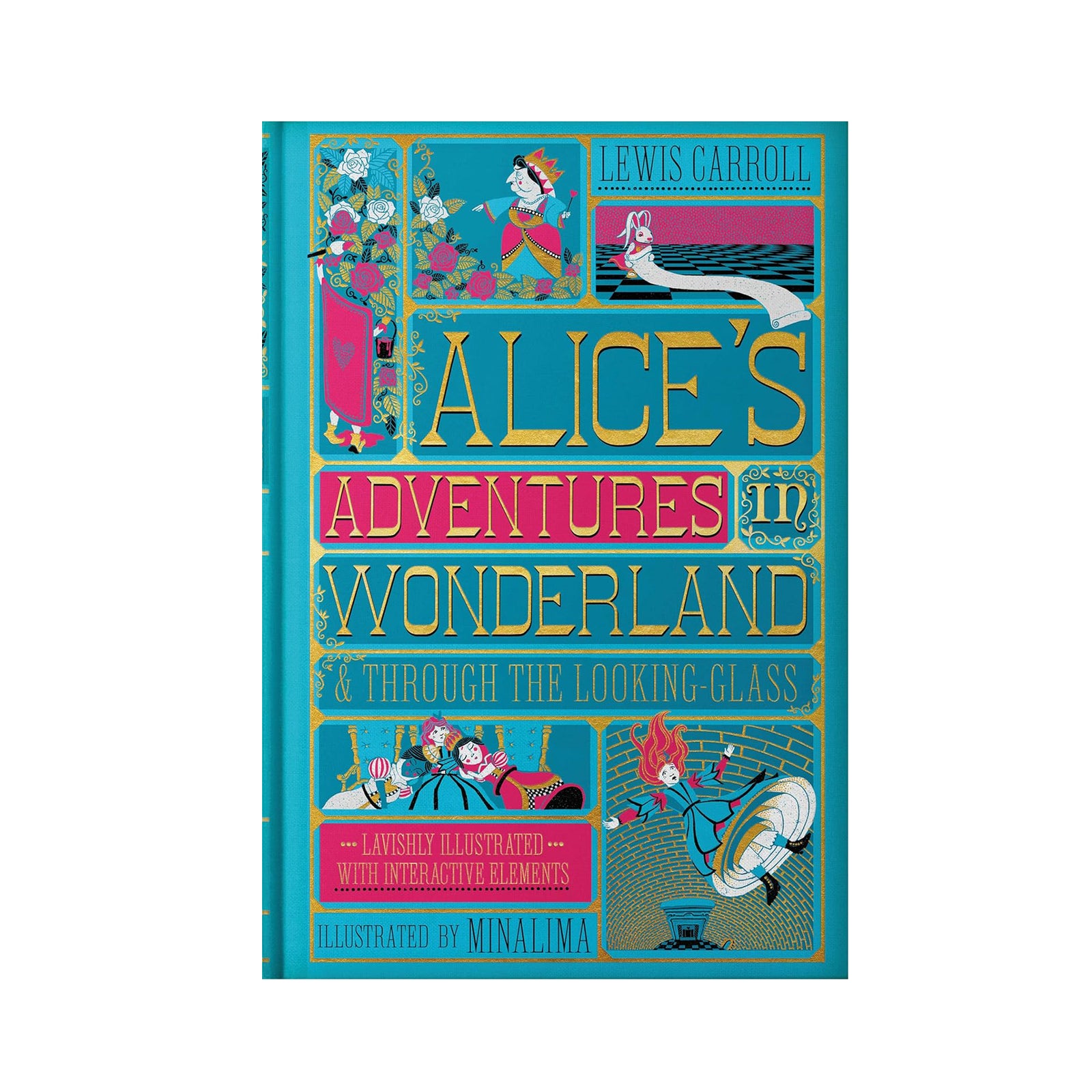 Book cover of 'Alice's Adventures in Wonderland & Through the Looking-Glass' with colorful illustrations on a white background.