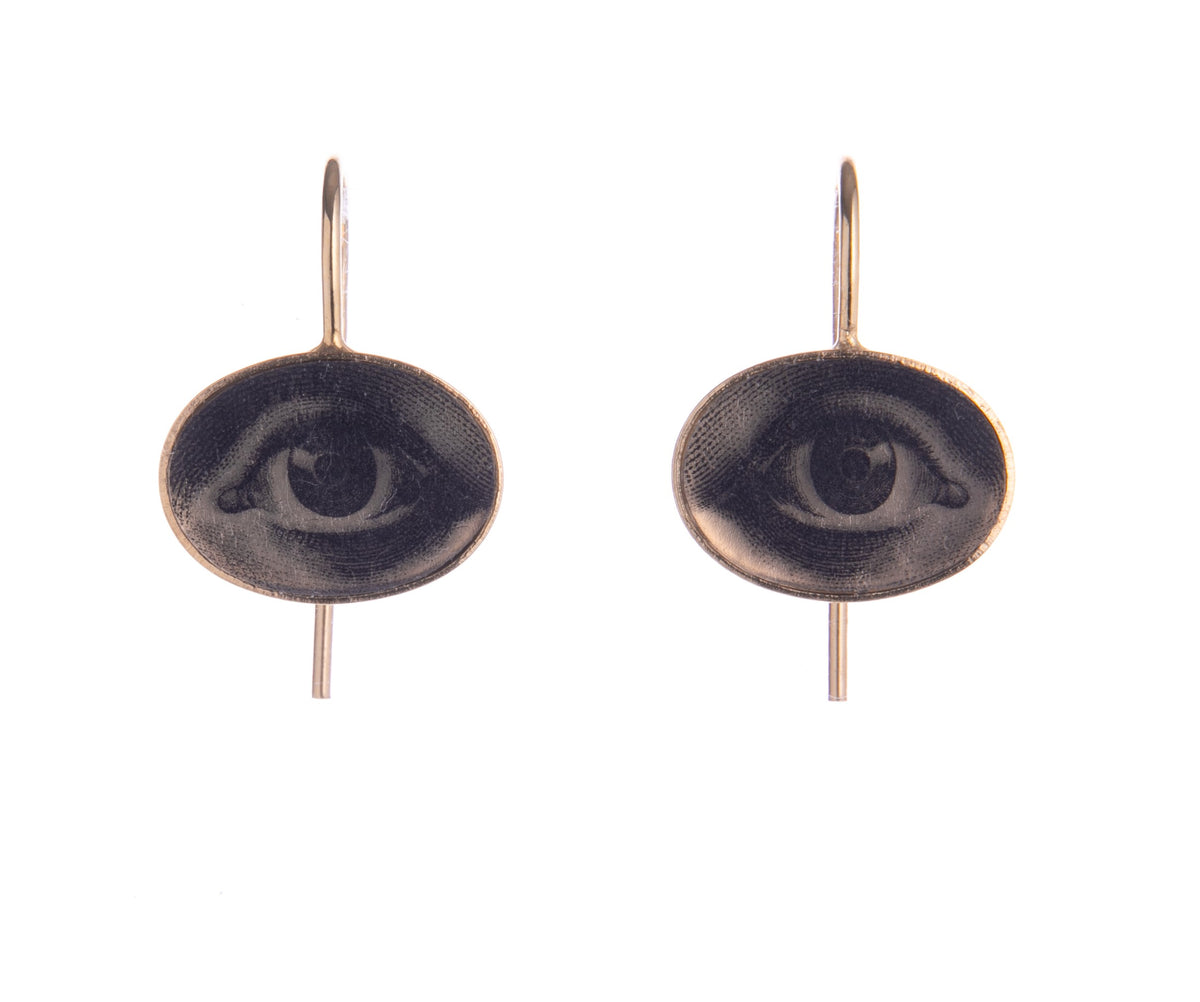 These delicate earrings have a vintage feel and feature hand drawn Victorian artwork set in a scalloped gold vermeil frame. Each pair is individually crafted by hand, so slight variances to the photos are to be expected. Materials: Gold vermeil, resin Handmade with hand-drawn artwork Hook fastening. Size:  0.75&quot; x 0.4&quot;