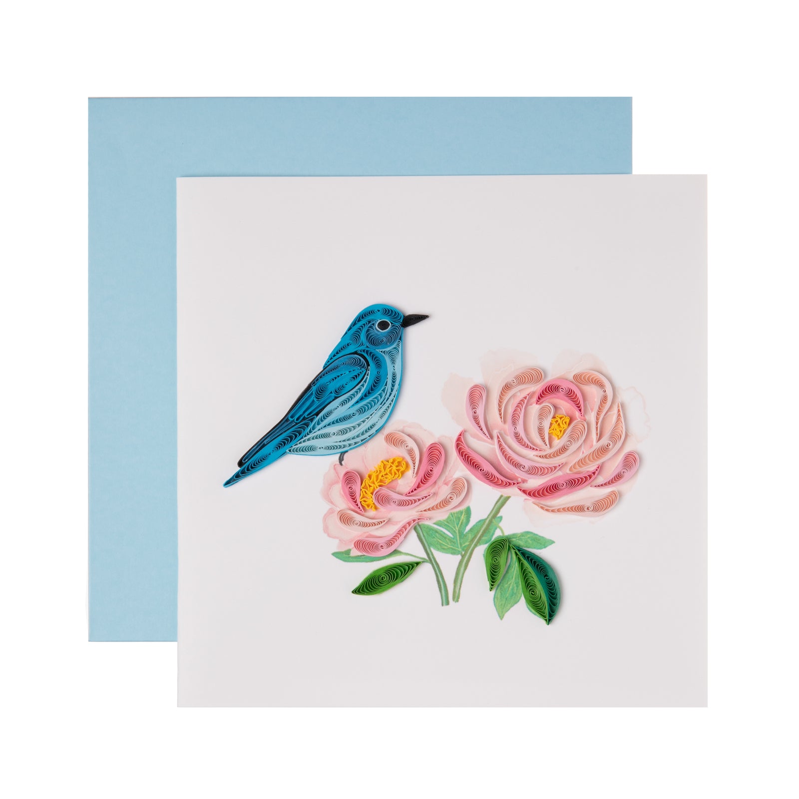 A handmade quilled notecard with an illustration of a bluebird and pink peonies, accompanied by a blue envelope.