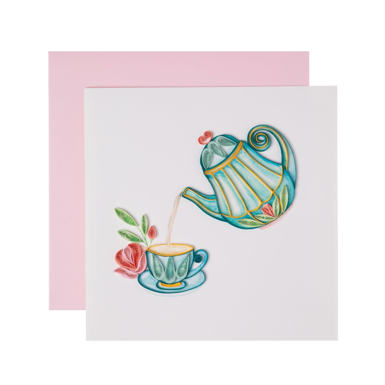 This afternoon tea notecard is perfect for a quaint tea party, a birthday, or to send a quick note to the tea lover in your life. With pastel colors and intricate details, this quilled notecard is a beautiful display of teatime.  Each quilled card is handmade by a highly skilled artisan and takes one hour to create. 
