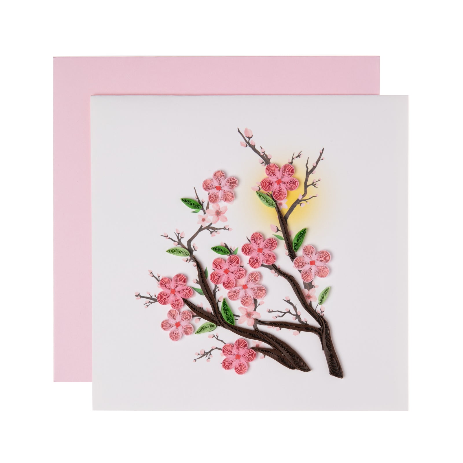 Send a message with this quilled cherry blossom notecard. Enjoy the peace and renewal and send that in a note to someone for their birthday, an anniversary, or just to show you are thinking of them. Each card is handmade by a skilled artisan. Outside Copy: Blank Inside Copy: Blank Size: 6 in. x 6 in. 