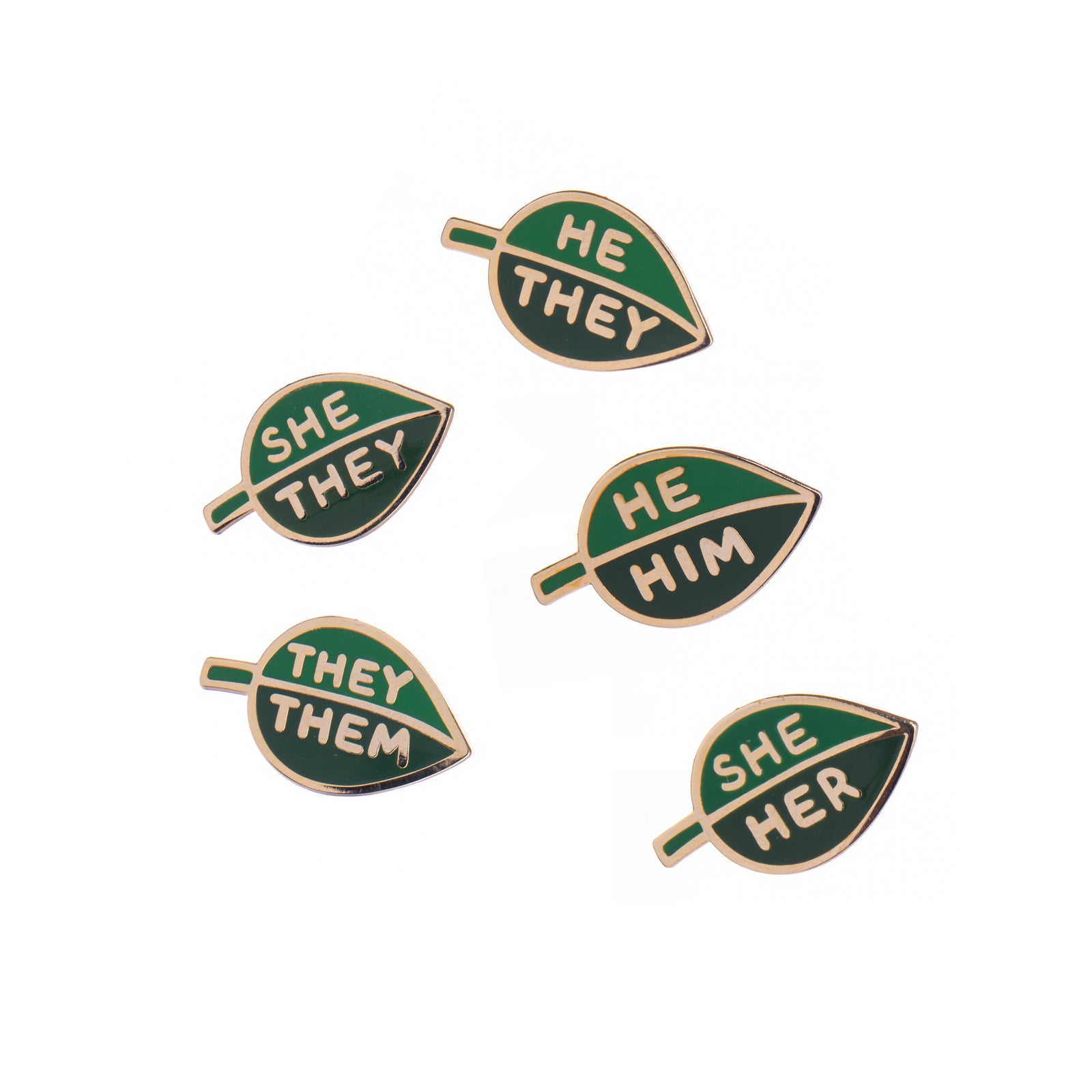 This two-tone enamel leaf pronoun pin allows you to communicate your preferred pronouns in a cute and subtle way. Pin to lapels, backpacks, sneakers and more! Materials: metal and enamel Pin fastening with rubber stopper Dimensions: 1" x 1.5"