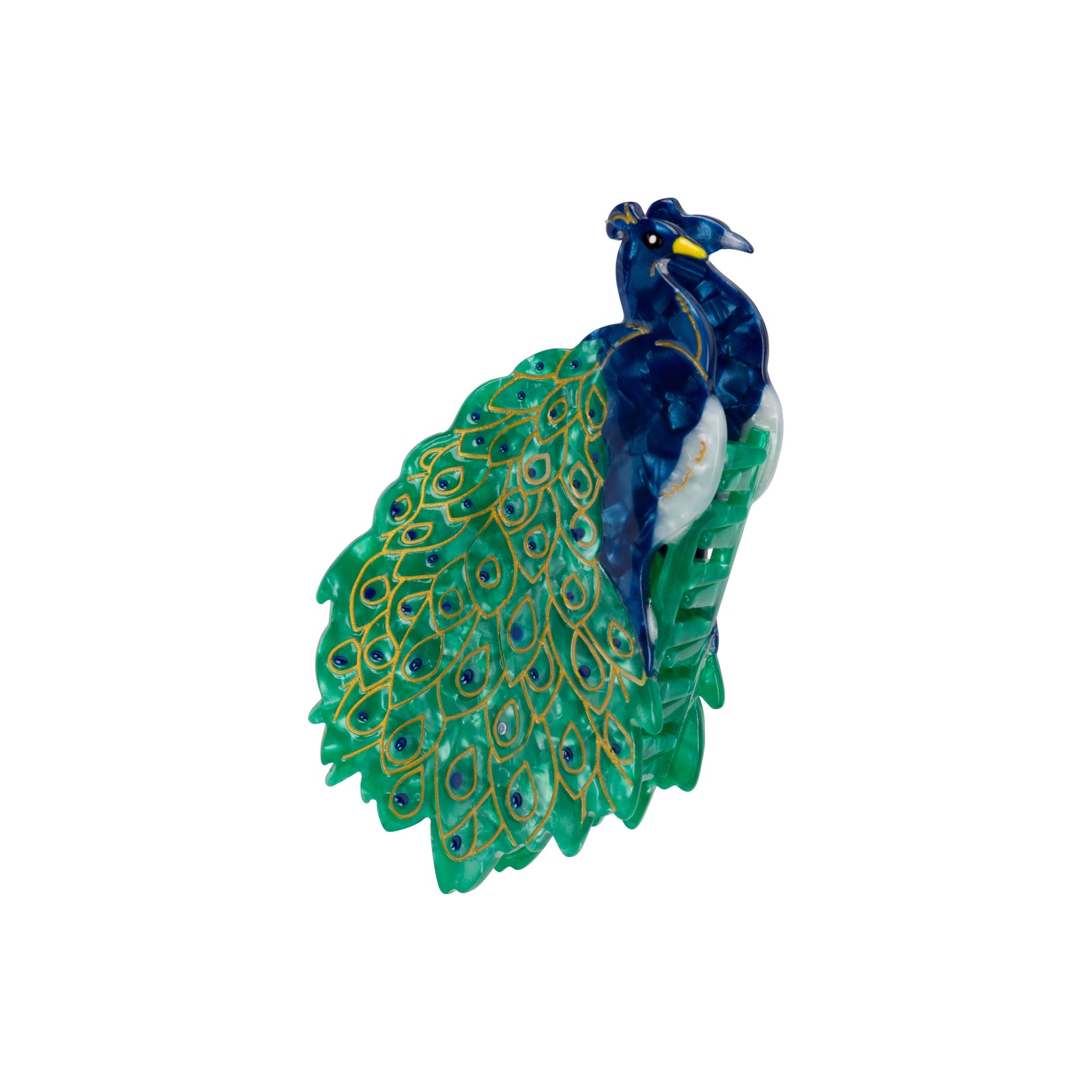A decorative peacock figurine with a glossy dark blue body and a large fanned tail displaying green and blue eye-spots outlined in gold, set against a plain white background.
