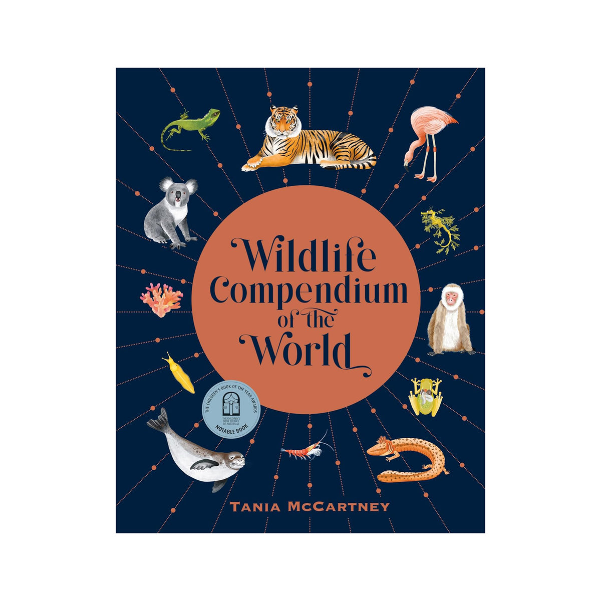 Front cover of the book 'Wildlife Compendium of the World' by Tania McCartney, featuring a dark navy background with a large central peach circle and illustrated animals around the border.