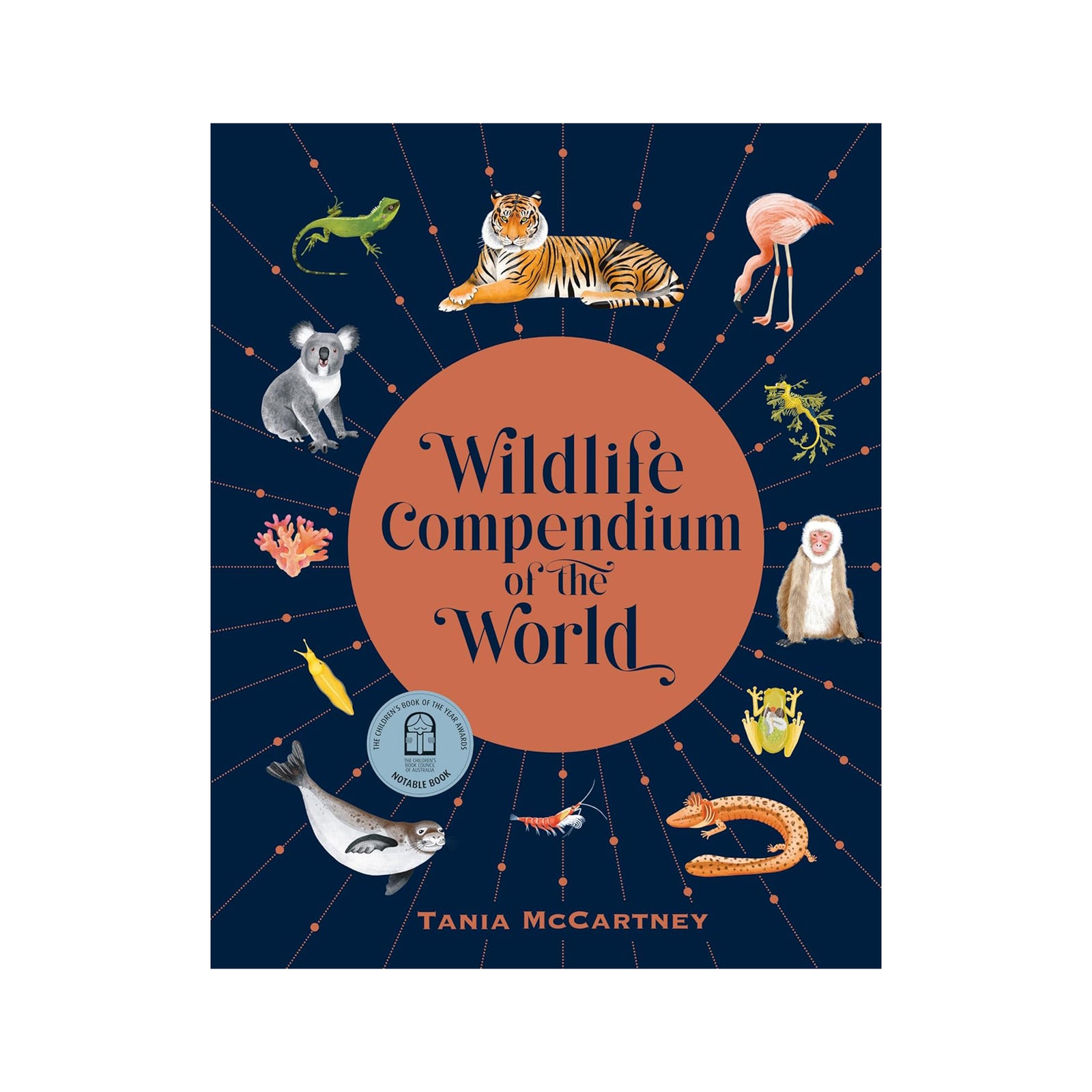 Front cover of the book 'Wildlife Compendium of the World' by Tania McCartney, featuring a dark navy background with a large central peach circle and illustrated animals around the border.
