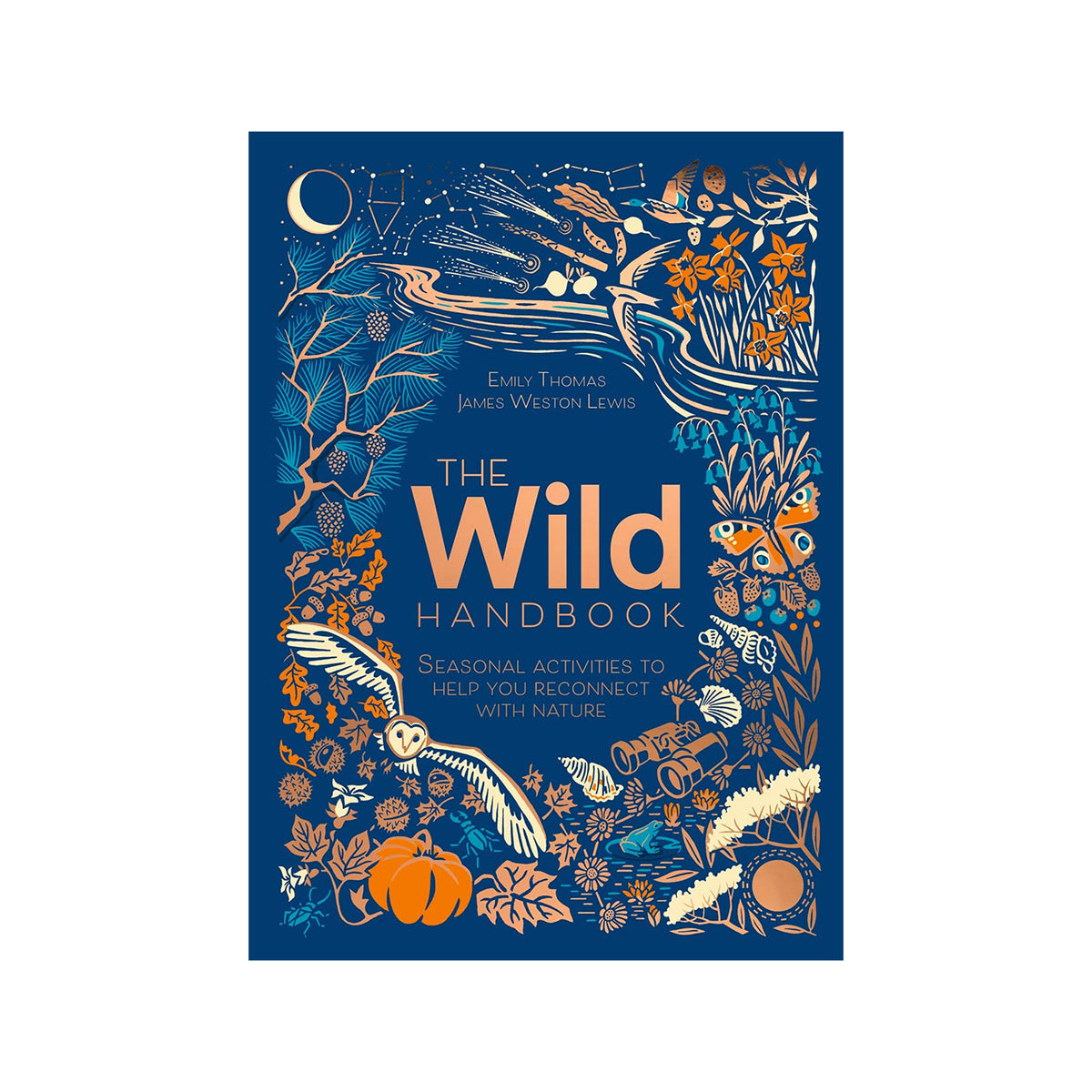 The cover of 'The Wild Handbook' featuring a colorful illustration of plants, animals, and natural elements, with the title and author's name displayed.