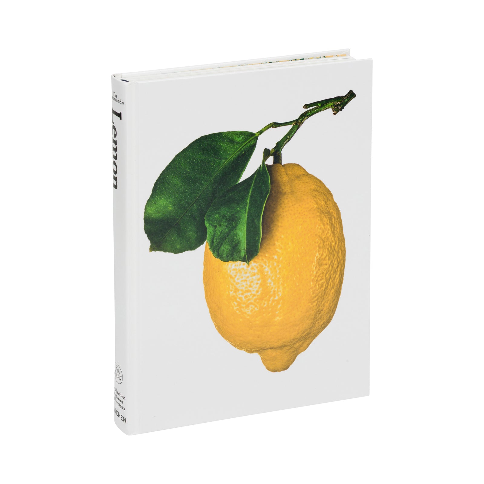 An open cookbook or recipe book on a white background, with one page showing a bright yellow lemon with green leaves and another page showing a fork lifting pasta.