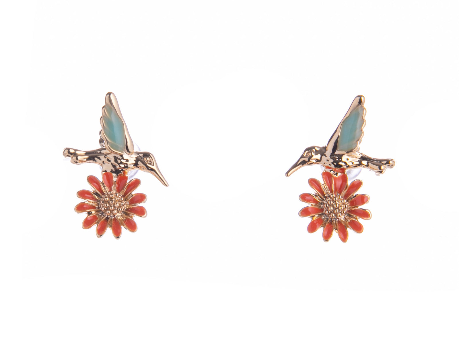 Infuse some whimsy into your jewelry collection with these Hummingbird and Daisy stud earrings. Made from titanium with a pretty red flower detail, these are durable and pretty enough for daily wear. A great gift for bird and nature lovers alike. Material: Titanium, Enamel Dimensions: 0.5" x 0.5" Lead and Nickel-free