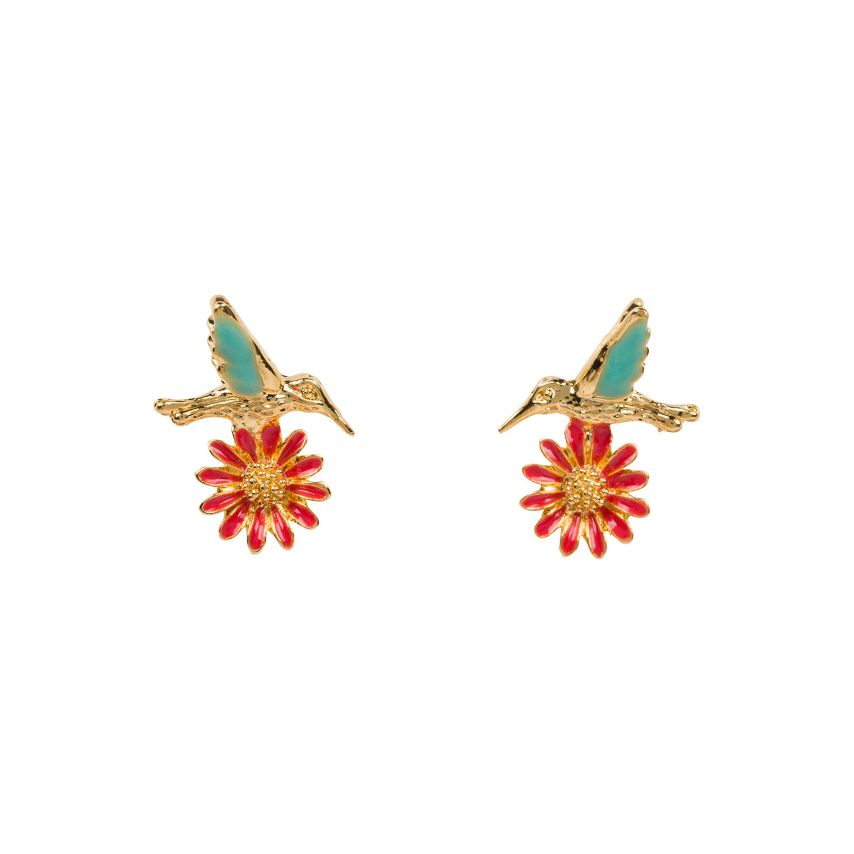 Pair of hummingbird earrings with floral details on a white background