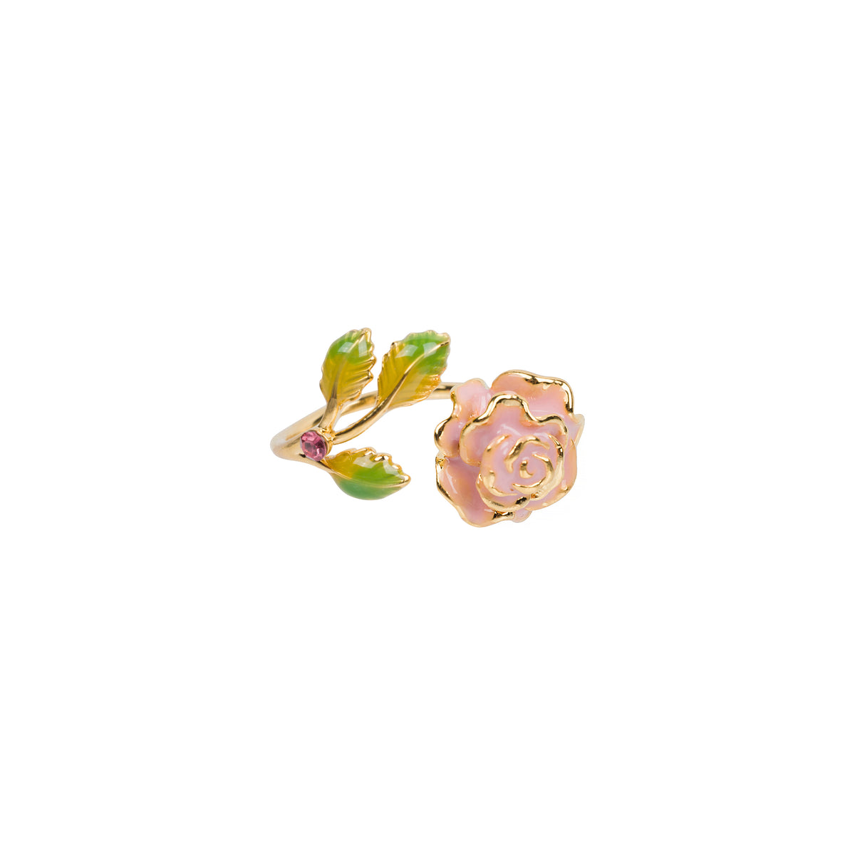 A gold-plated rose ring featuring light pink enamel petals, green enamel leaves, and a small pink gemstone on the stem, set against a plain white background.