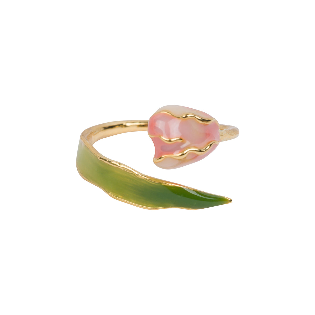 A gold-plated leaf-shaped ring with a pink enamel flower bud on top, set against a plain white background.