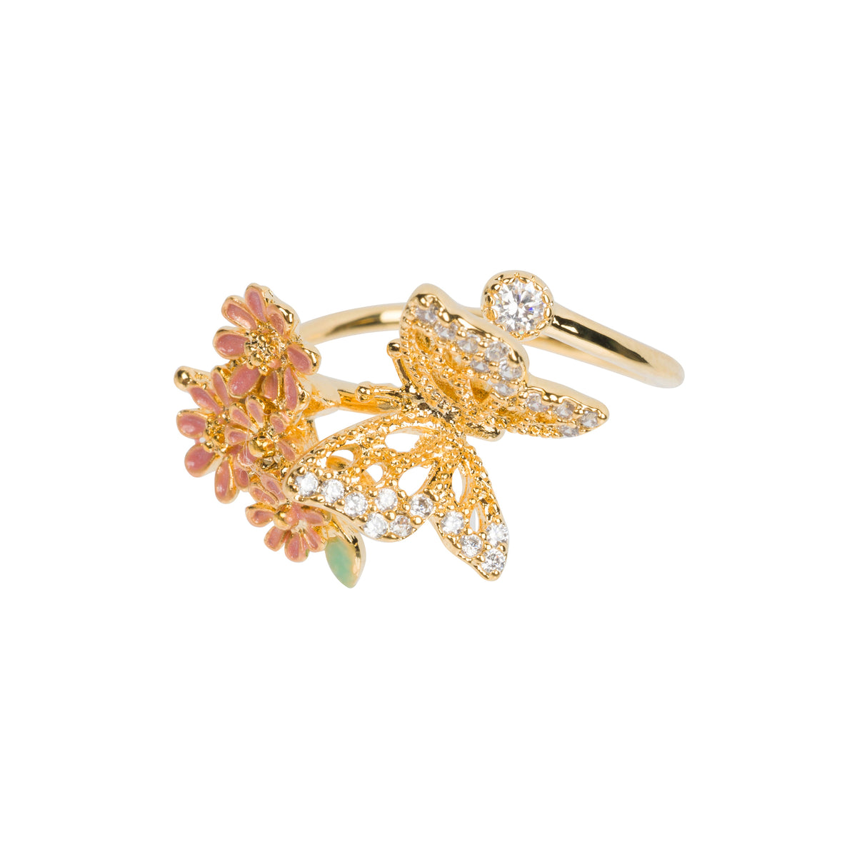 A gold butterfly and flower ring featuring a gold band with a butterfly and floral design adorned with pink enamel, gold metal, and clear pavé stones, shown on a plain white background.