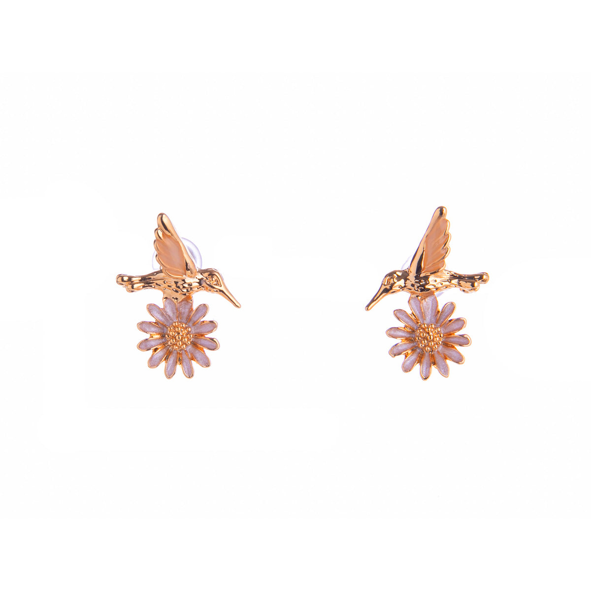 A pair of rose gold stud earrings featuring a hummingbird perched above a daisy flower, shown on a plain white background.