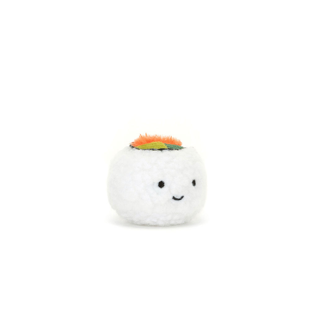 This Sassy Sushi Uramaki is the cutest sushi roll, with a fluffy ball of rice lined with dark green nori, this sushi roll has three parts to it - avocado fur, fuzzy carrot, and cord cucumber.  Small enough to fit in your pocket. Suitable from birth Dimensions: 1.6" x 2'' x 2" Materials: Polyester, PE Beans