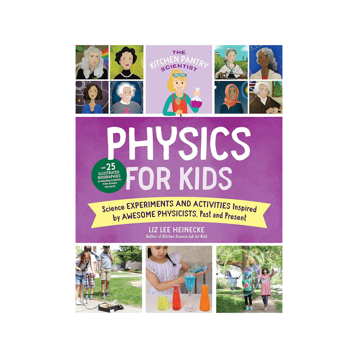 Book cover of 'Physics for Kids' with illustrations of people and science experiments on a purple background.