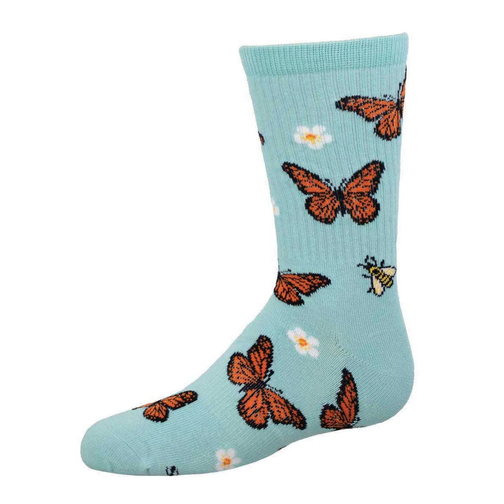 Bees and monarch butterflies on socks, oh my! As we all strive to make friends with bugs, these socks do just that, uniting bees and monarch butterflies for an un-bee-lievably cute pair of socks. In light blue with a cushioned footbed, kids will look stylish and be super comfy. Sizing: 7-10 Years (Shoe Size 12-5 Youth)