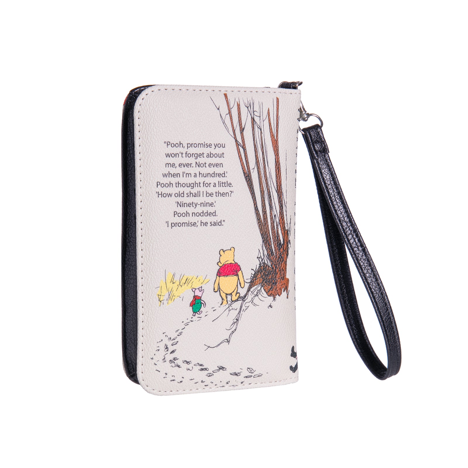 A wallet designed to look like a miniature version of the Winnie-the-Pooh book cover with a wrist strap.