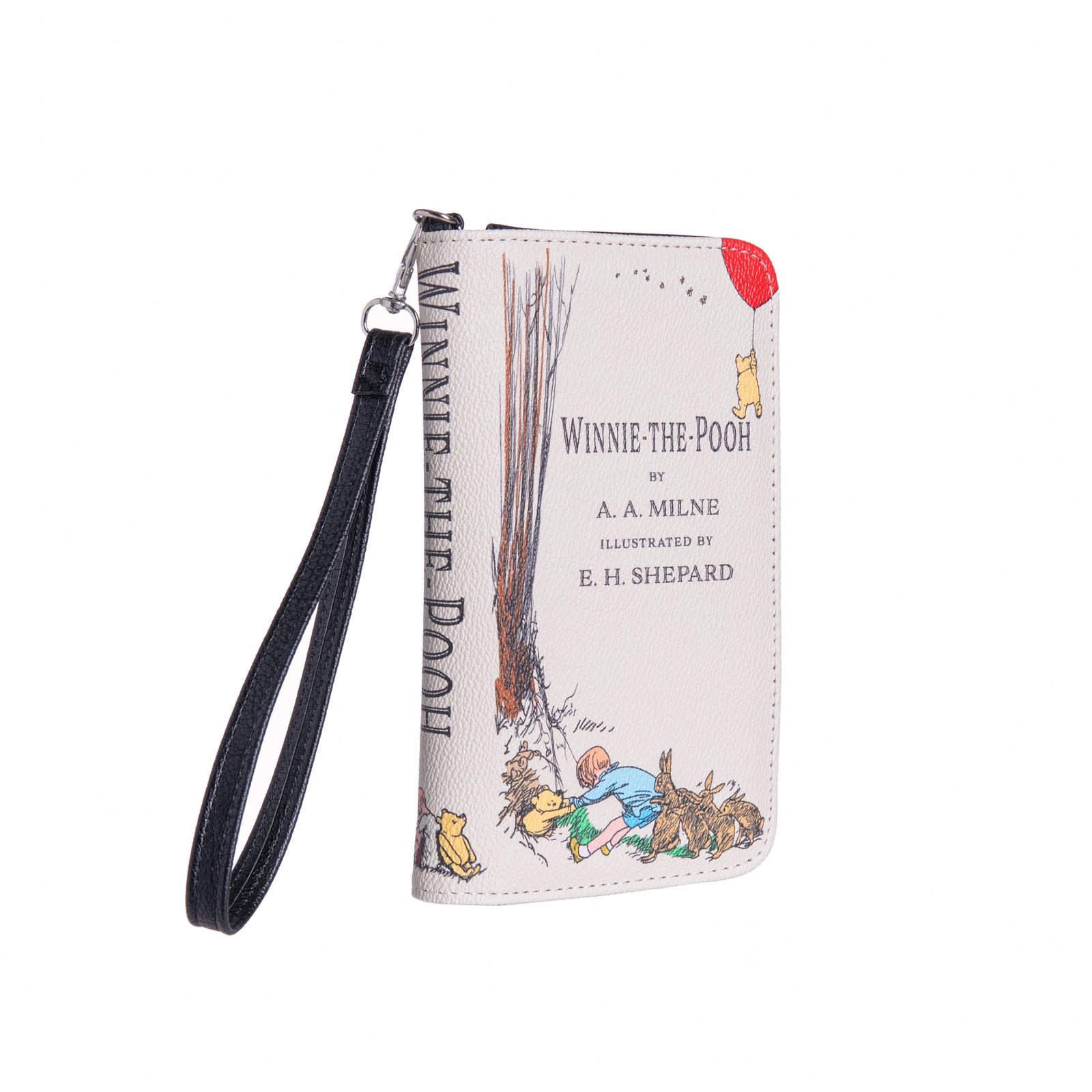 A wallet designed to look like a miniature version of the Winnie-the-Pooh book cover with a wrist strap.