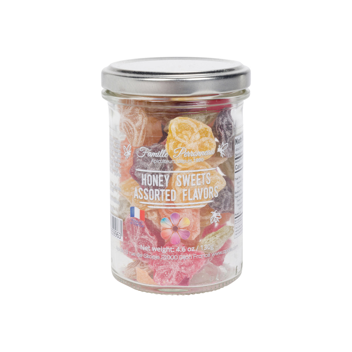 Jar of honey sweets assorted flavors with a visible brand label on a white background
