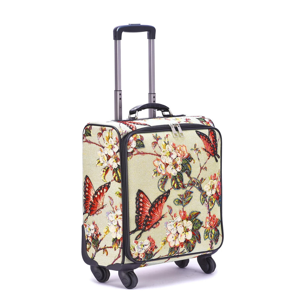 This suitcase features a scene of butterflies amid blooming flowers to help you bring the warm, carefree feelings of summer and spring with you wherever you go. The suitcase’s spacious interior gives you plenty of room to pack everything you need for a successful trip. Dimensions: 16&quot; x 17&quot; x 8&quot;.