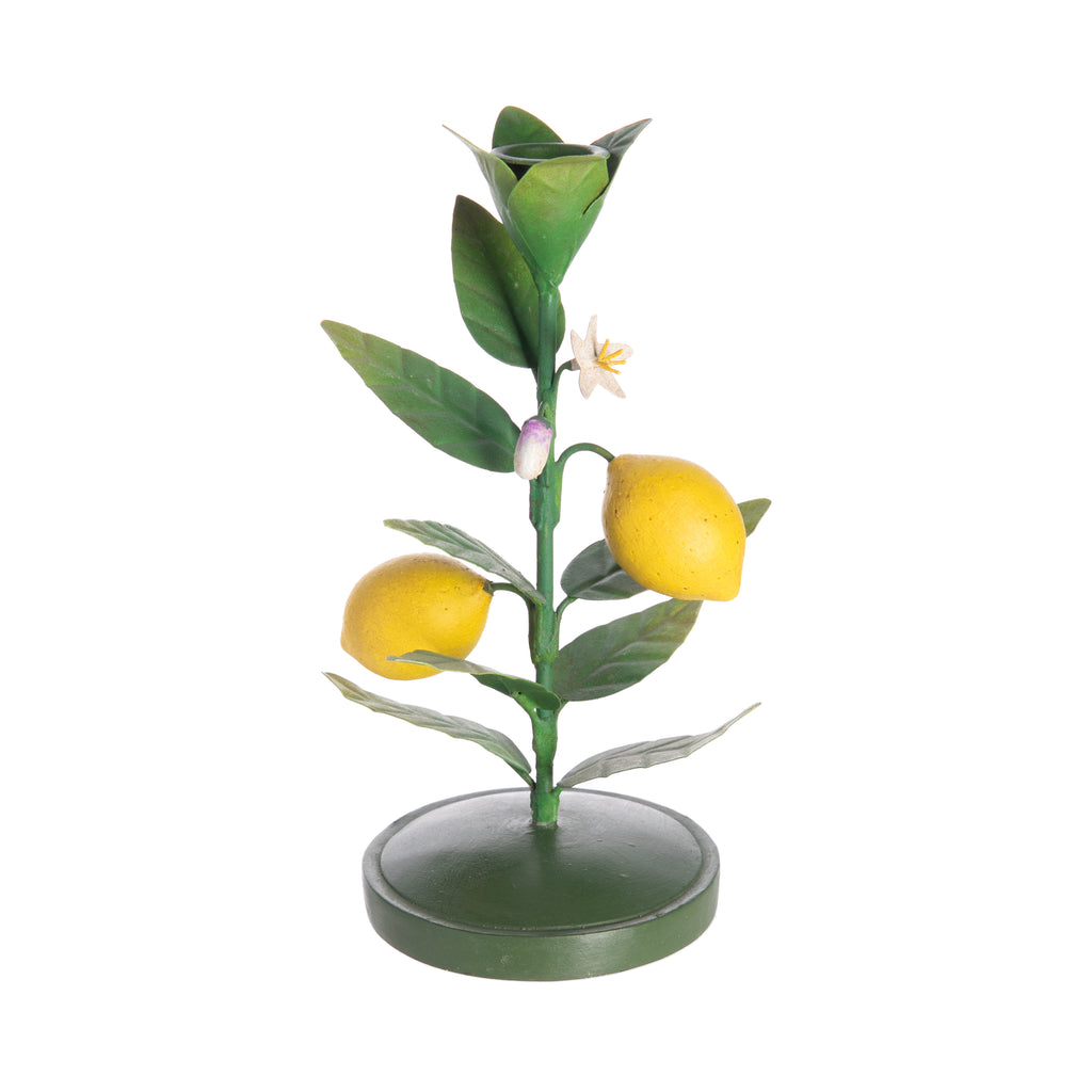 Add a zesty, floral flourish to your table setting with this gorgeous, sculpted metal candle stick. Each leaf, lemon and blossom has been carefully positioned and finished by hand so that the candlestick has an amazing 3-dimensional quality which looks wonderful from every angle. Dimensions: 8.75" x 4".