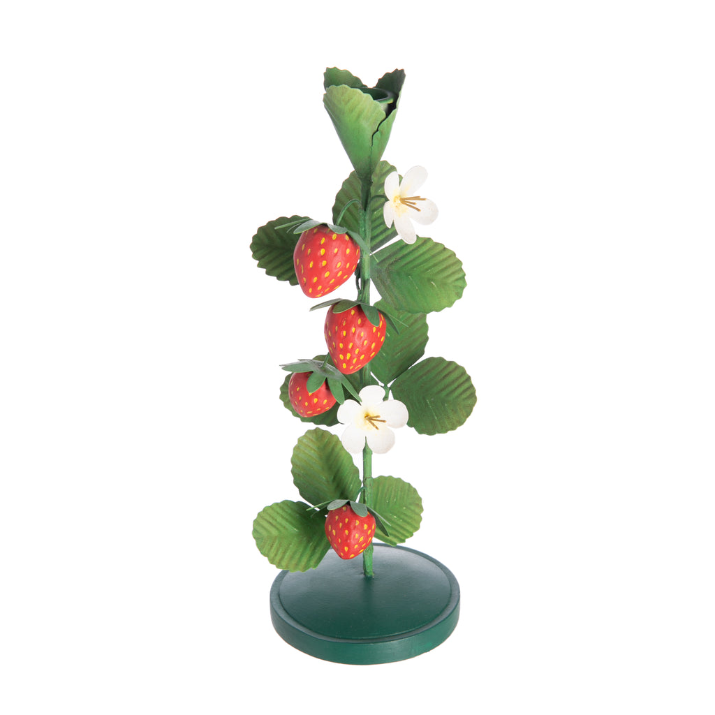 Add a sweet, floral flourish to your table setting with this gorgeous, sculpted metal candle stick. Each leaf, strawberry and blossom is perfectly poised and finished by hand so that the candlestick has an amazing 3-dimensional quality. Material: Painted metal Dimensions: 10.75" x 4" Fits standard size dinner candle