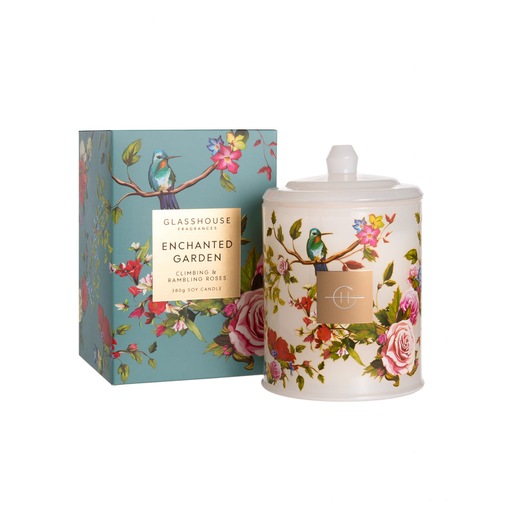 Add a dazzling floral display of color and fragrance to any room with this enchanted rose-scented candle. Its intoxicating blend of rose hip, dewdrop, musk, suede, and the finest rose bouquet will whisk you away to our famous Rose Garden. Cotton dual wick. 13.4 oz. Burn time: up to 80 hours.