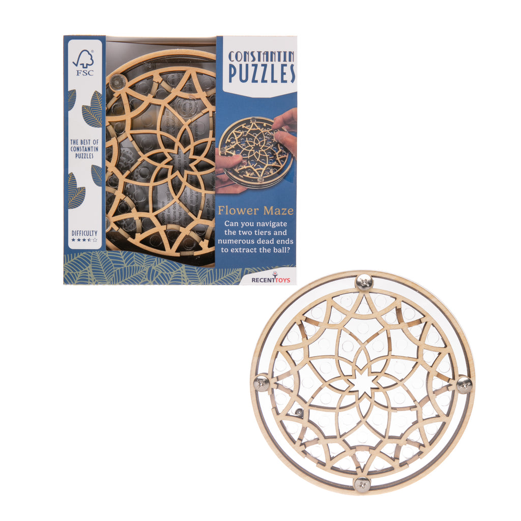 This floral maze puzzle with intricate design challenges those in successfully getting the ball out to then do it all over again! This exquisitely designed puzzle offers a mentally stimulating challenge. Great gift for problem solvers. Recommended age: 14+ Dimensions of package: approx. 5.5" x 5.5"