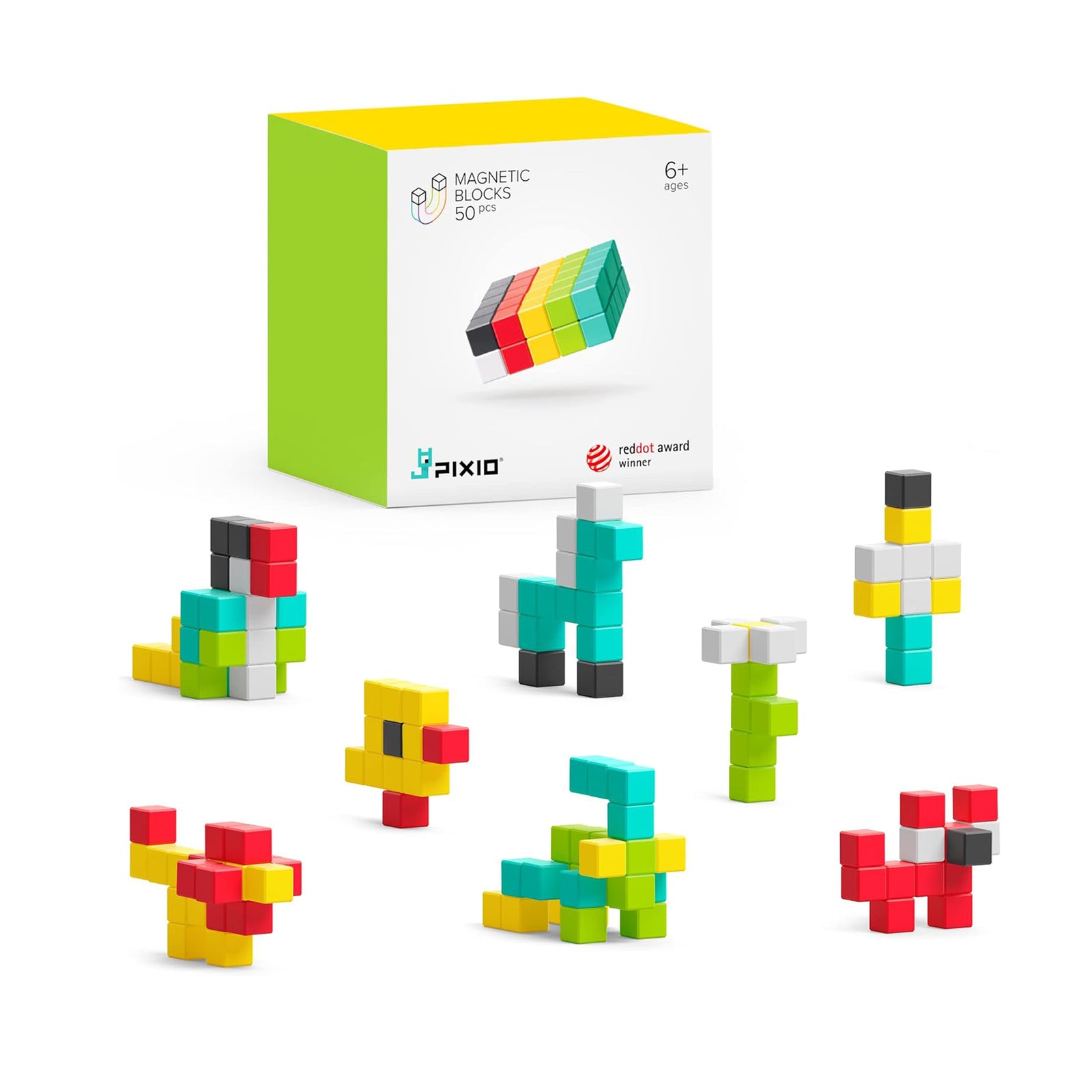 Colorful magnetic blocks set with Pixio packaging on a white background