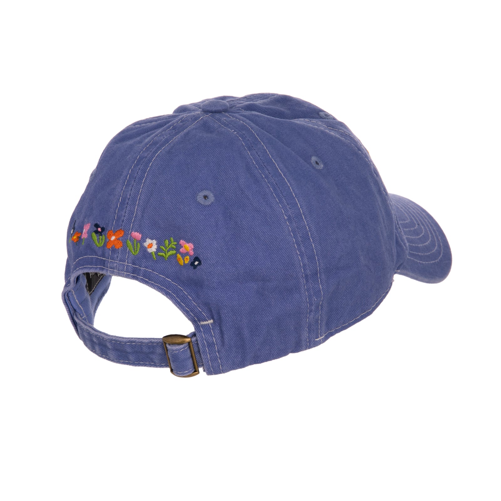 This soft blue baseball cap is perfect for, gardeners, yoga class devotees, golfers, dog walkers, runners and more! Featuring floral embroidery and inspirational 'spread kindness' embroidery on the front and a row of colorful embroidered flowers at the back. Adjustable metal buckle. Materials: Cotton, Metal. One size.