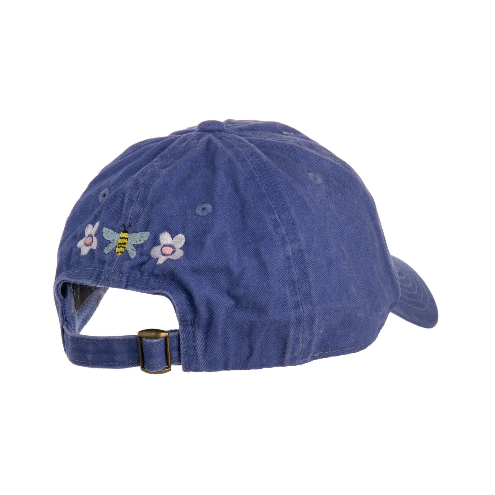 This pretty periwinkle baseball cap is perfect for, avid gardeners, yoga class devotees, golfers, dog walkers, runners and more! Featuring colorful & charming bees and flowers embroidery on the front and back. An adjustable metal buckle ensures the perfect fit. Materials: Cotton, Metal One size. Adjustable buckle.